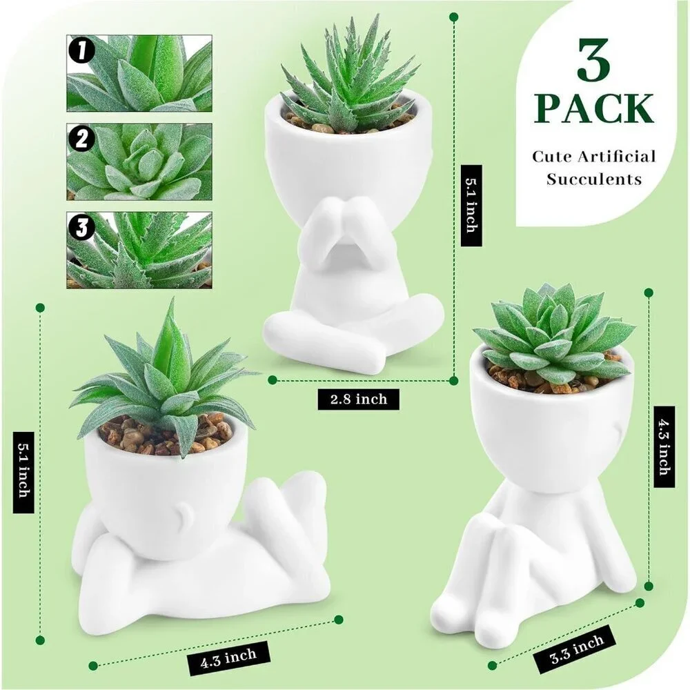 Rose 3pcs Fake Succulents White Plants Artificial Bathroom Bedroom Home Decor